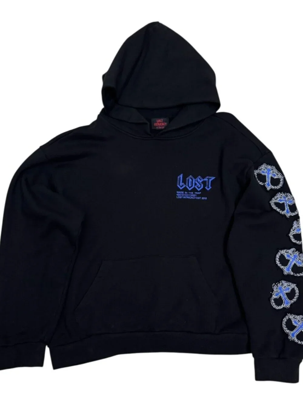 LOST INTRICACY Luxury Streetwear Rap Black Blue Hoodie Sweatshirt Mens XL